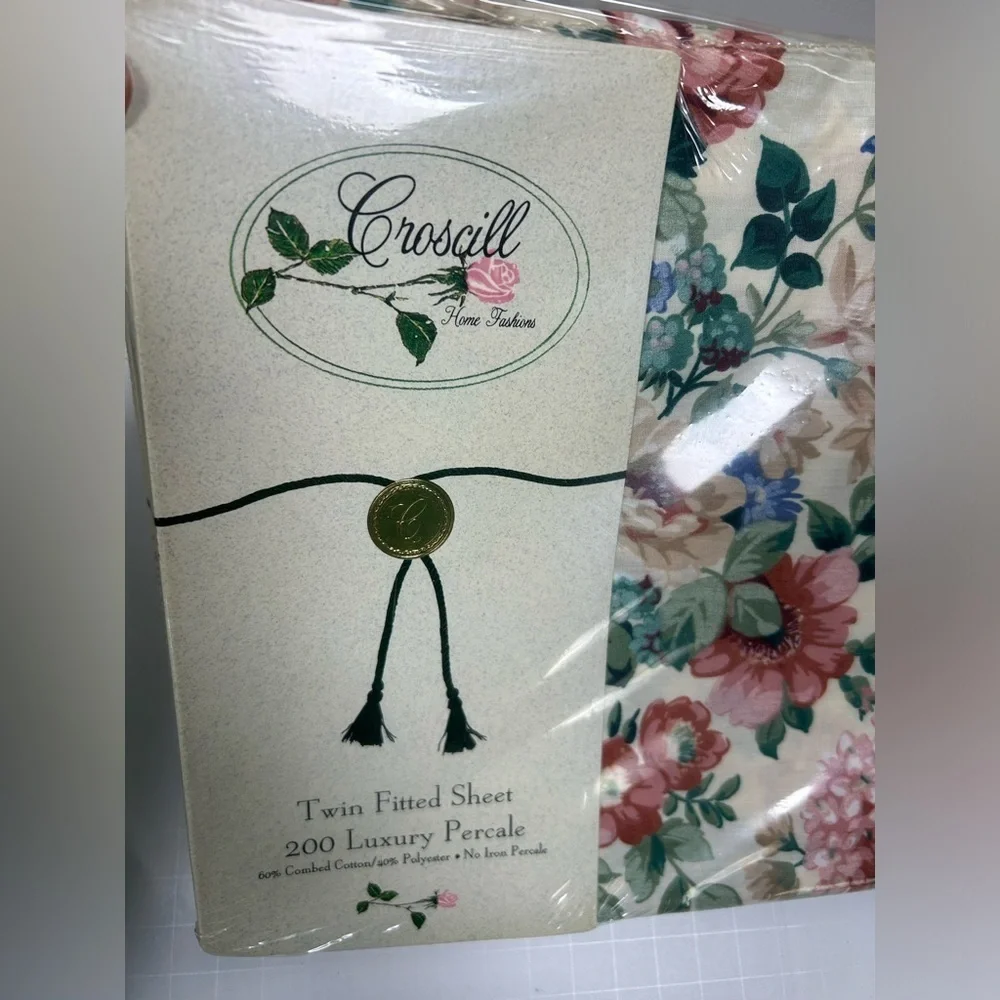Vintage CROSCILL Floral Twin Flat & Fitted Sheet Ruffle Set 200 Luxury Percale